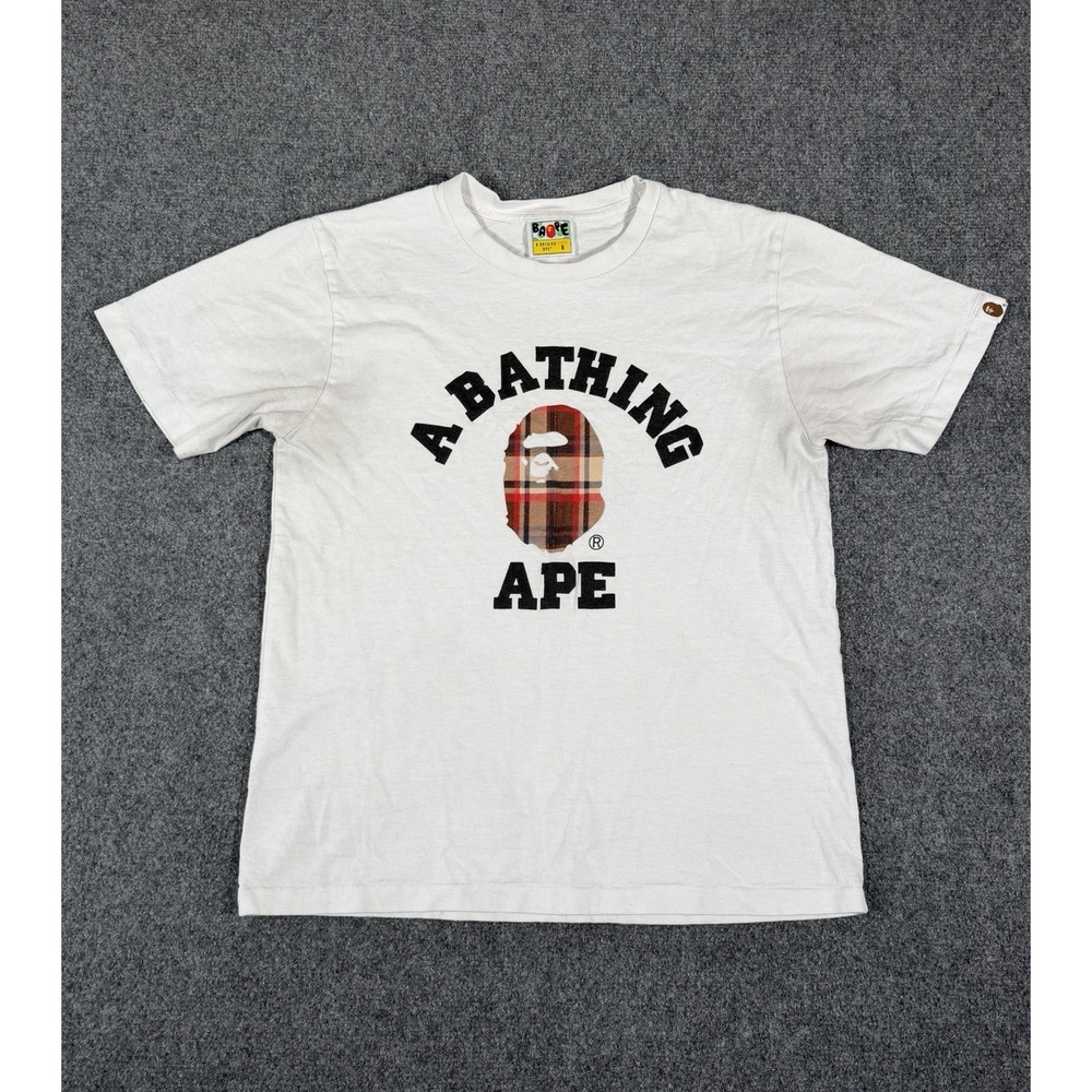 BAPE A Bathing Ape Womens Small Plaid Ape Head Logo Tee Made In Japan White